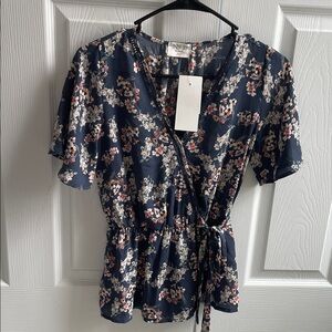 Sienna Sky Navy and Pink Floral Wrap Blouse